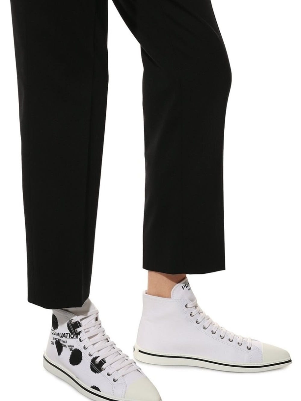 Prada 1T618M White Black Polka Canvas Logo Pointy Cap High Top Sneakers 38 Italy